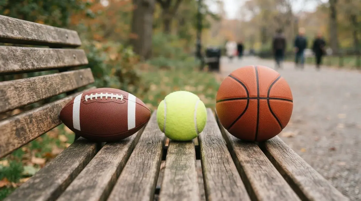Drie ballen van verschillende soorten naast elkaar op een houten bank