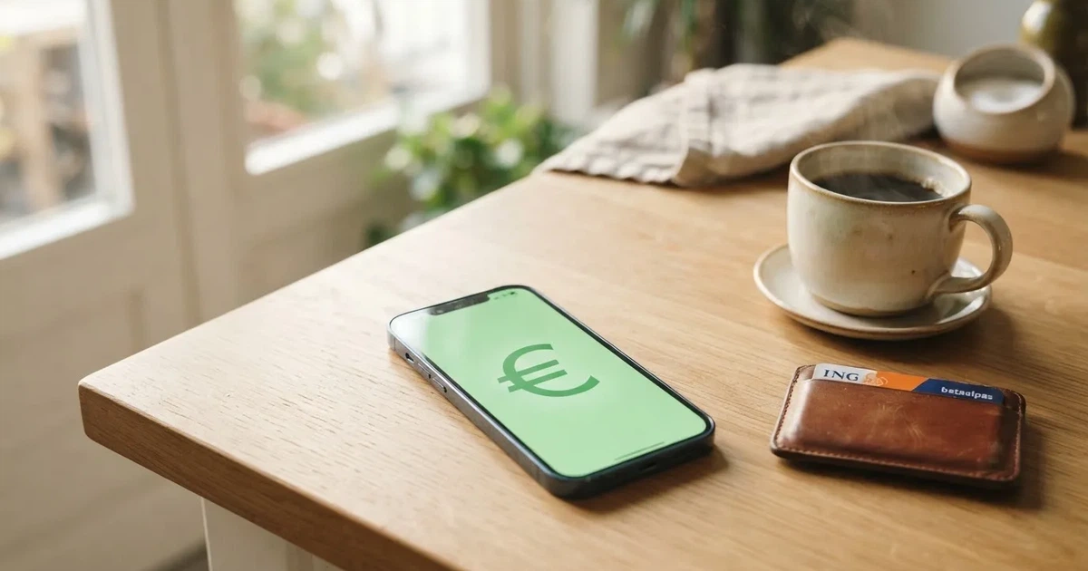 Een smartphone op een houten tafel naast een portemonnee en een kopje koffie